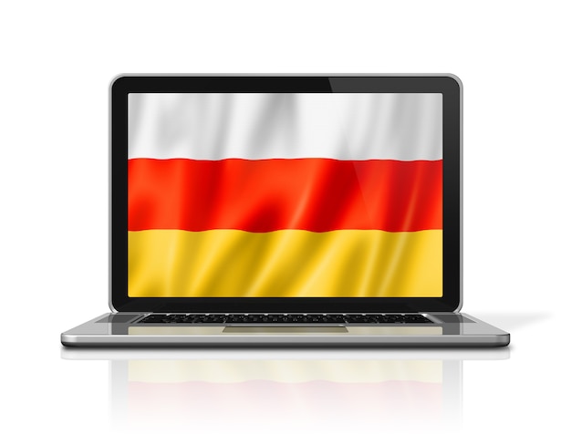 South Ossetia flag on laptop screen isolated on white. 3D illustration render.