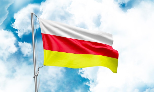 South Ossetia flag waving on sky background 3D Rendering