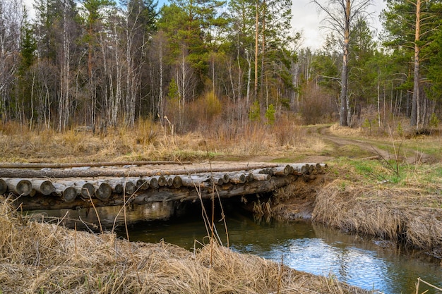 South Ural wooden bridge and river with a unique landscape vegetation and diversity of nature