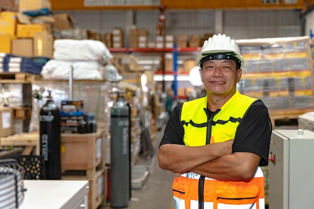 Southeast asia staff engineer worker man portrait confident happy smiling arm crossed in factory warehouse