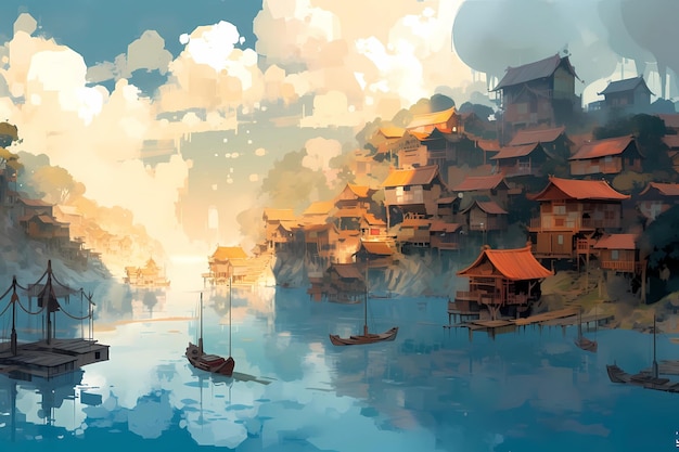 Southeast asia village in the lake digital art illustration