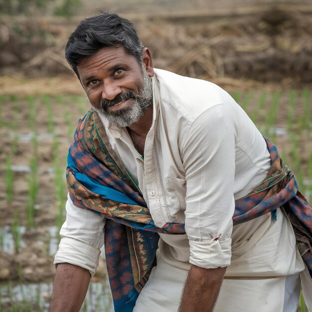 Photo southindian farmer working and smiling in agriculture field ai generated images