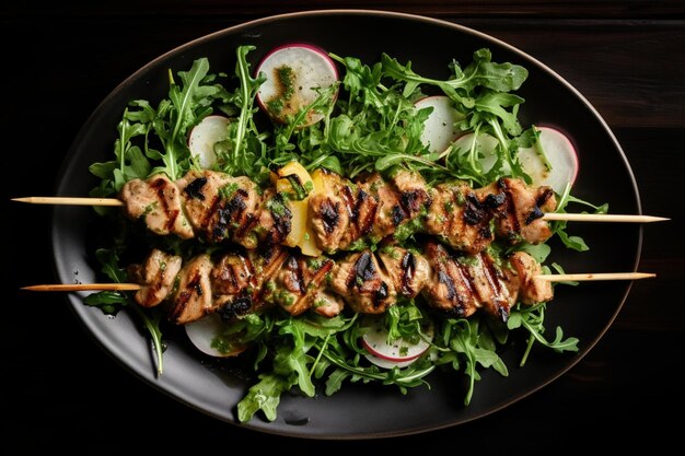 Photo souvlaki with sweet pear and arugula yummy delicious souvlaki food image photography