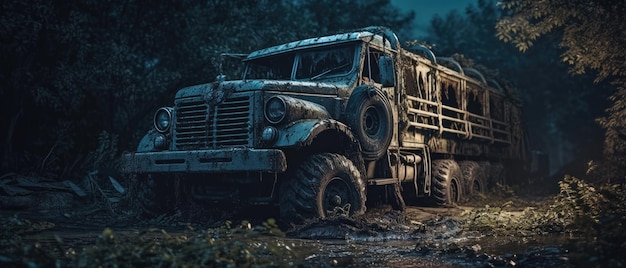 Soviet Army truck post apocalypse landscape widescreen adondoned poster photo rain greenery night