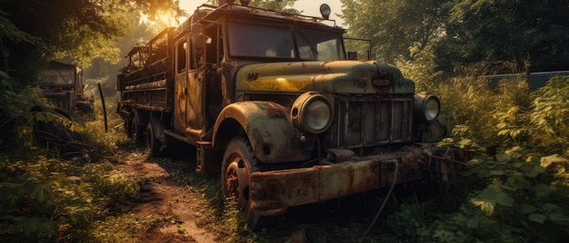 Soviet Army truck post apocalypse landscape widescreen adondoned poster photo rain greenery night