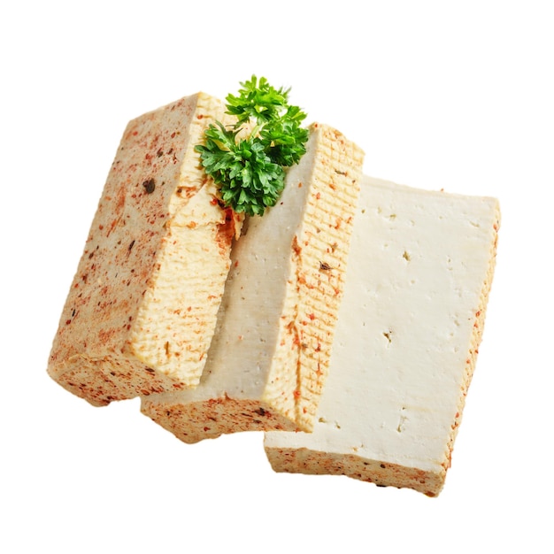 Soy Bean curd tofu with greens isolated on white background Nondairy alternative substitute for cheese