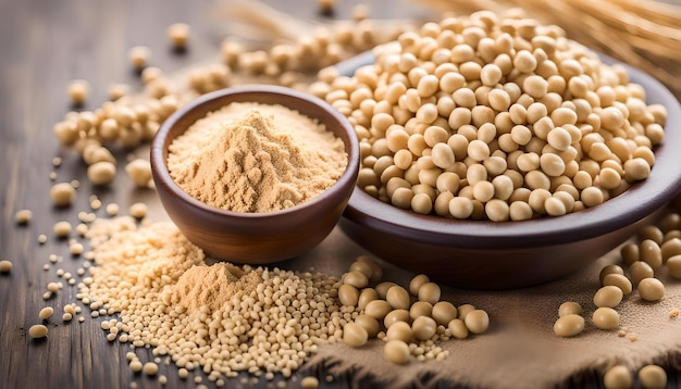 Soy flour in bowl and soybean