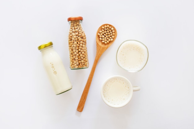 Soy milk and soy bean on  white  background.