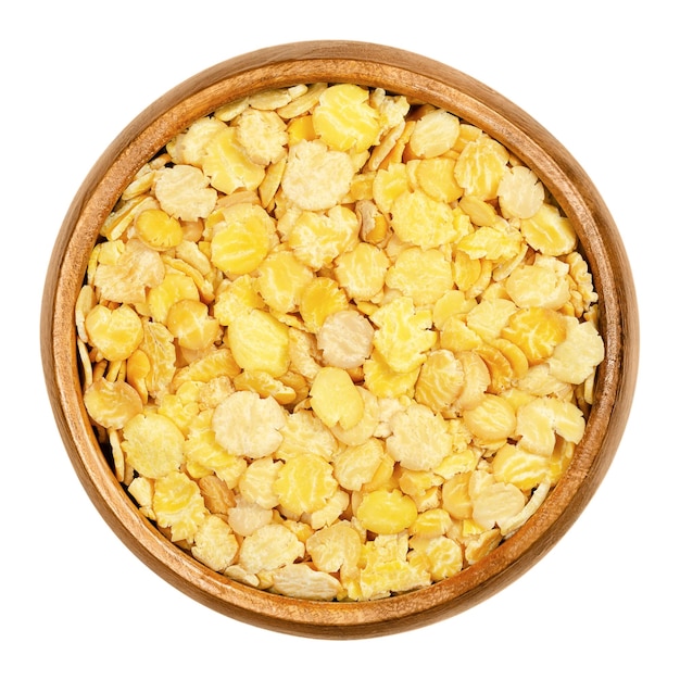 Soybean flakes in wooden bowl