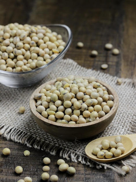 Soybean or soya bean in a bowl on brown wooden background