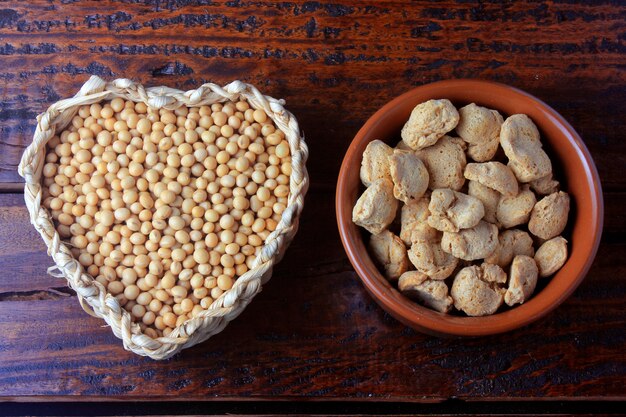 Soybeans meat, chunks in a brown ceramic bowl