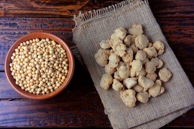 Soybeans meat, chunks on rustic fabric towel