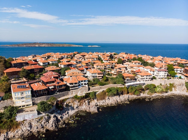 Sozopol Bulgaria Aerial view of old medieval city and Black Sea Drone view from above Summer holidays destination