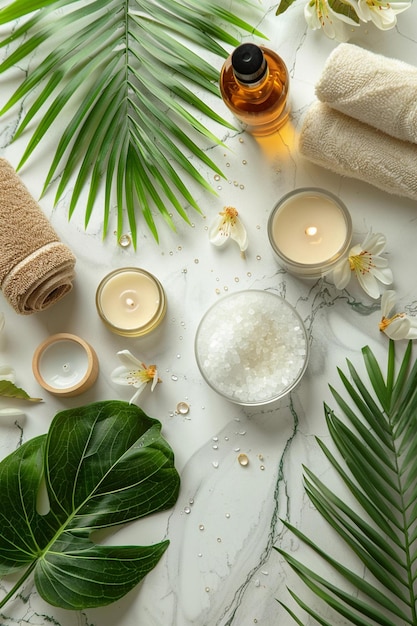 Spa accessories on a light marble background