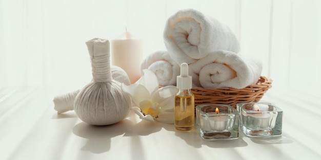 Spa accessory composition set in day spa hotel beauty wellness center