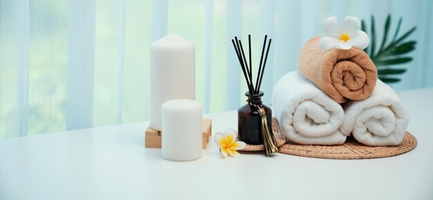 Spa accessory composition set in day spa hotel beauty wellness center