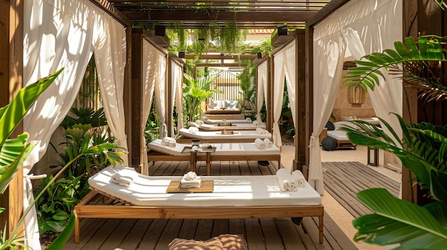 Photo spa area features luxury cabanas and massage tables in a tropical setting