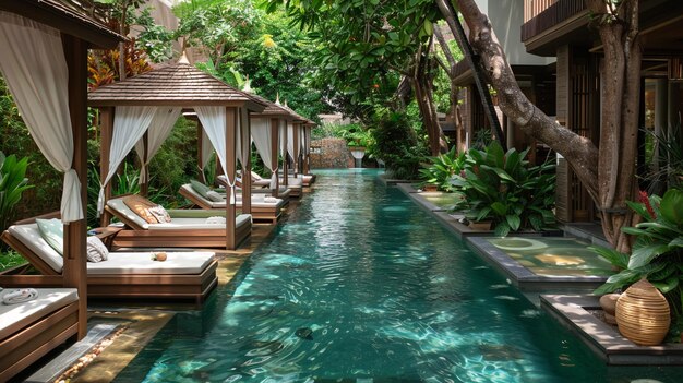 Spa area features massage cabanas by the poolside with greenery