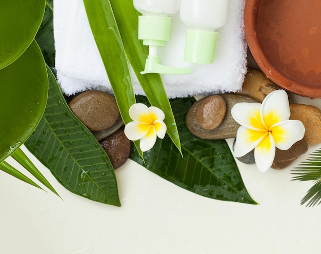 Spa background with green leaves flowers and two cosmetics tubes on white