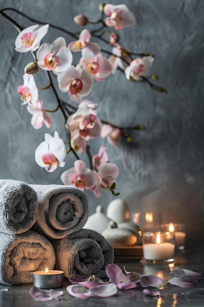 Photo spa banner featuring rolledup towels candles flowers creating a serene and luxurious atmosphere