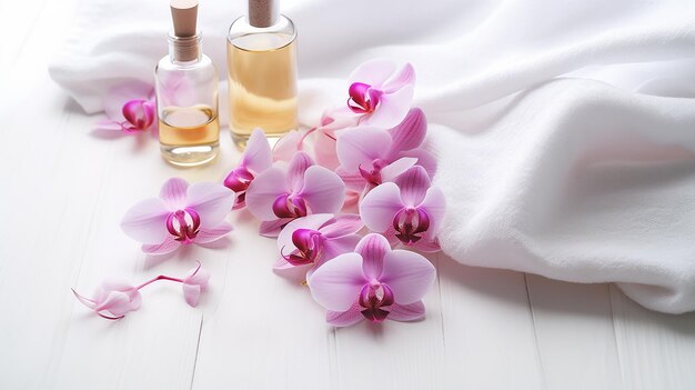 Spa beauty treatment and wellness background with massage stone orchid flowers towels and burning