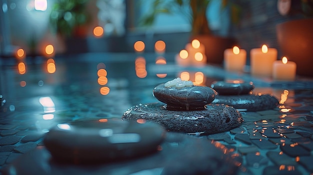 Photo spa candles on a wooden table with a stone and stones in the background