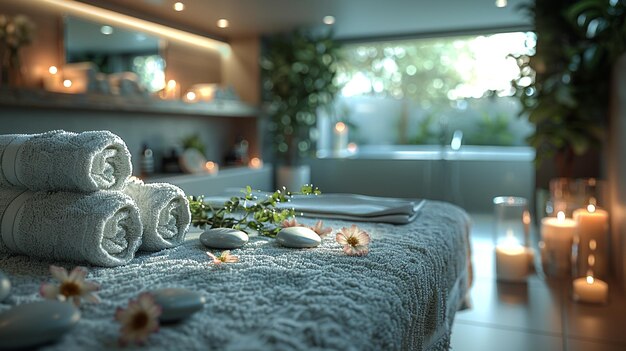 Photo spa candles on a wooden table with a stone and stones in the background