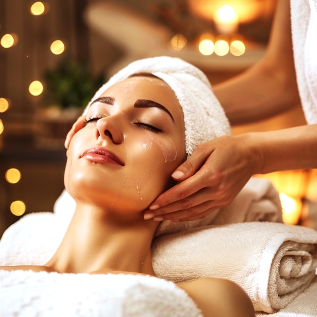 Spa center view a woman with a towel over her head is covered with towels