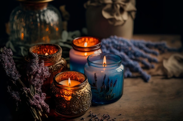 Spa composition still life with candles and lavender Generative AI