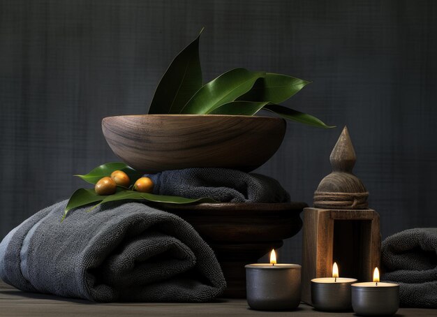 Photo spa composition with burning candles lily flower and stone on massage table in wellness center space for text created with generative ai technology