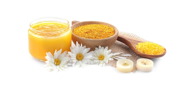 Spa composition with honey on white background