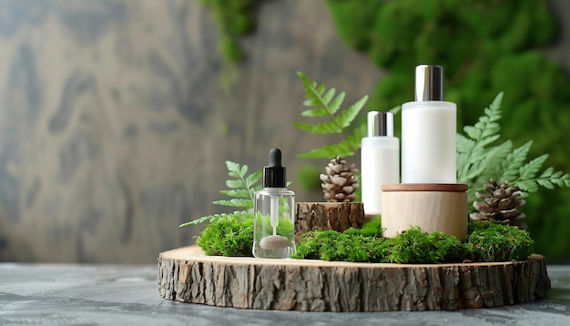 Photo spa composition with natural cosmetic products on wooden stump