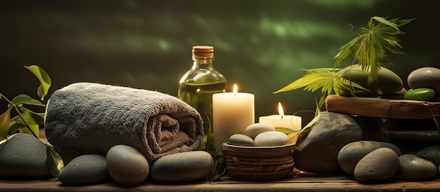 Spa composition with a towel oil candle and stones on a wooden surface against green leaves and a dark green background