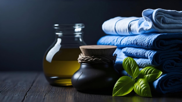 Spa composition with towels aromatic oil foliage on a massage table in wellness center