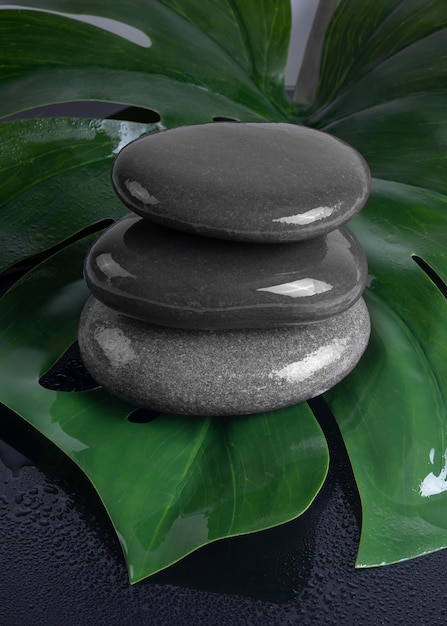 Spa concept of dark stones on the green leaf