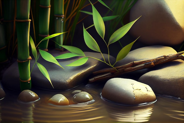 Spa concept round zen stones bamboo and water Generative AI