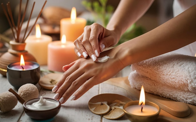 Spa Day Hands applying cream surrounded by spa elements like candles towels and essential oils