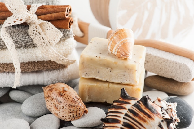 spa elements with towels and soap