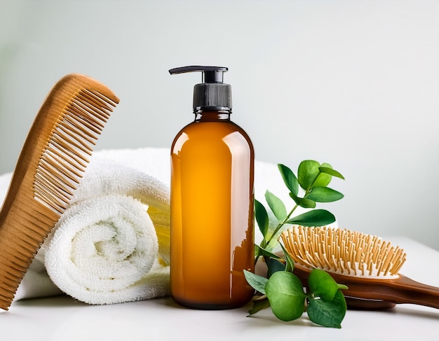 Spa Essentials Shampoo Conditioner and Hair Mask with Towel Hairbrush Wood and Herbs