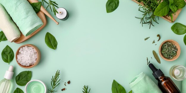 Photo spa essentials with mint and lemon on green background