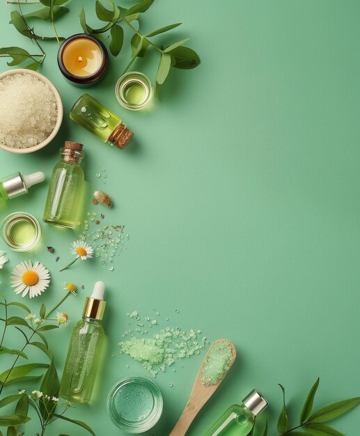 Photo spa essentials with mint and lemon on green background