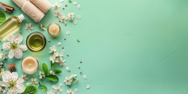 Photo spa essentials with mint and lemon on green background