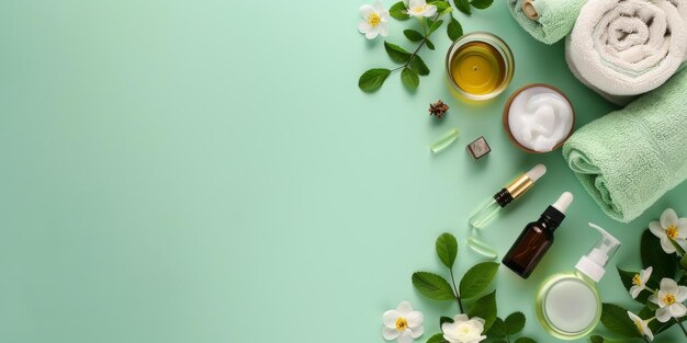 Photo spa essentials with mint and lemon on green background