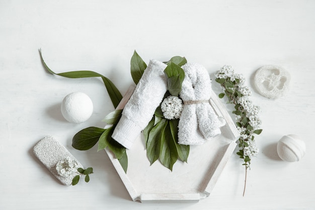 Spa flat lay composition with bath accessories for personal hygiene and body care.