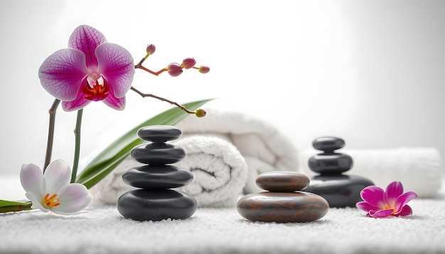 Spa orchid with soft towels and massage stones setting isolated with white highlights