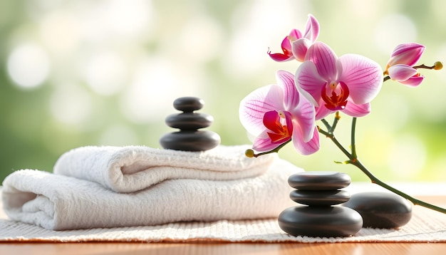 Spa orchid with soft towels and massage stones setting isolated with white highlights