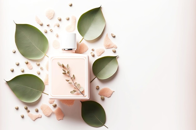 Spa products flatlay bottle with lotion on delicate pink background with leaves