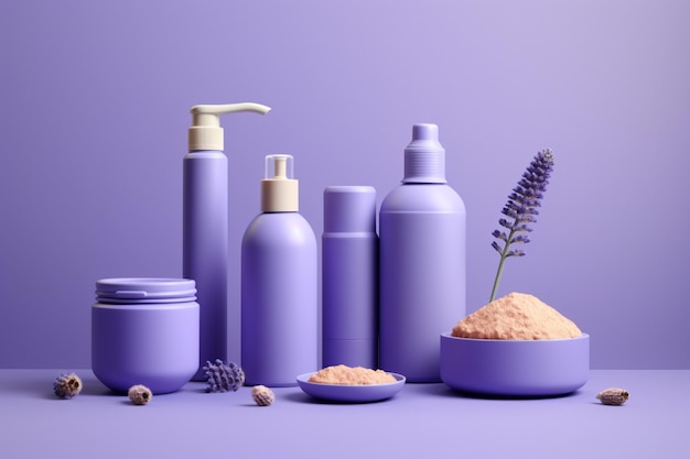 Spa products on lavender background in the style of realistic Generative AI