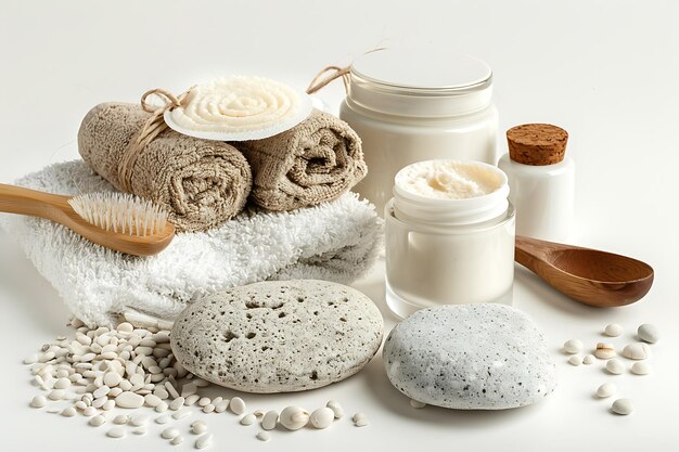 Photo spa products with stones and towels on a white background