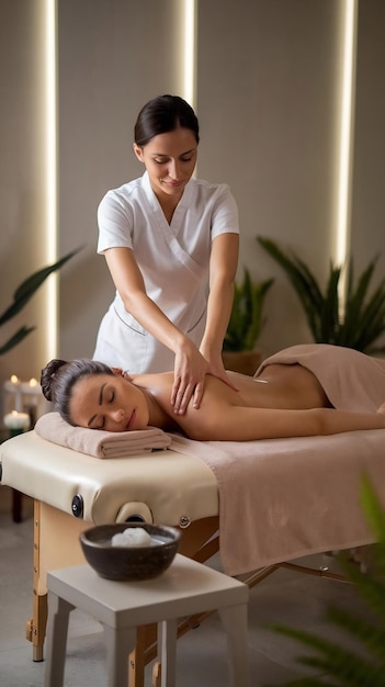 Photo spa relax and masseuse with woman for back massage with luxury health and stress free routine